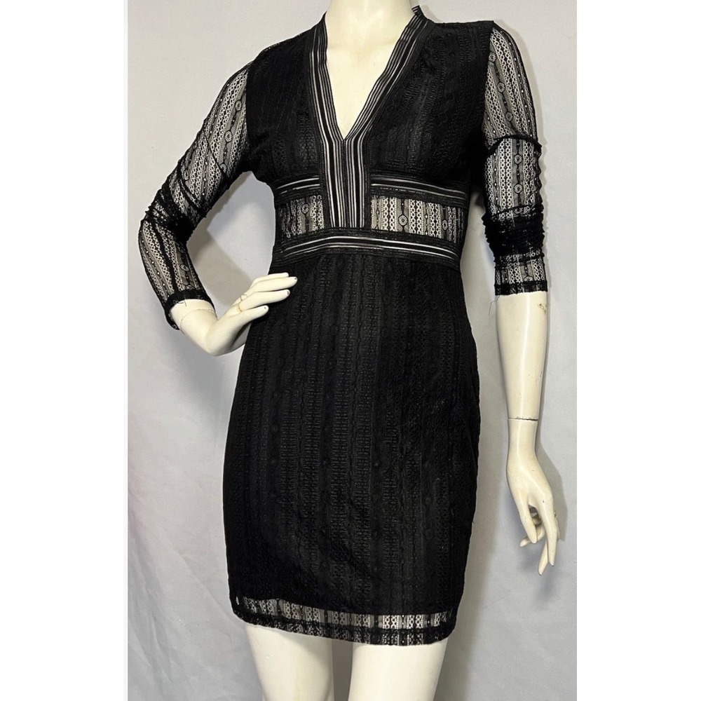 Lucy Wang‎ Black Lace V-Neck Long Sleeve Bodycon Mini Dress Sheer Sleeves